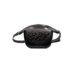 Black leather waist bag with embossed Arabic calligraphy design, front view.