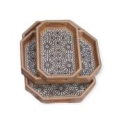 Set of octagonal Andalusian wooden trays with floral mosaic inlays.