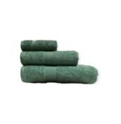Stack of three rolled green Egyptian cotton towels in graduated sizes with ribbed bands