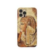 Phone case with a side-profile illustration of an ancient Egyptian pharaoh in earthy tones with faded hieroglyphic background
