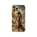Anubis Guardian Case featuring a powerful depiction of the Egyptian god Anubis in front of pyramids and a golden sun