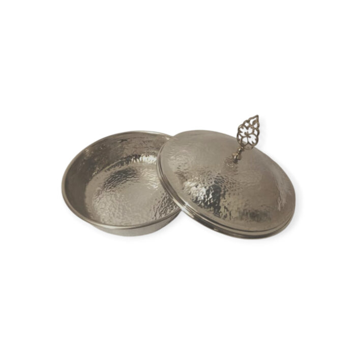 Silver serving dish with domed lid and ornate handle