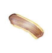 Top view of gilded wooden tray with natural wood grain and curved golden border