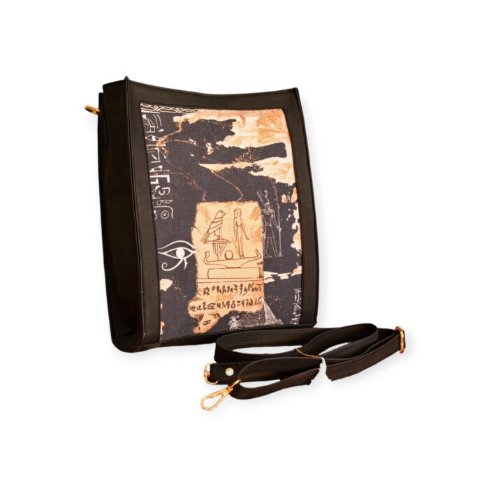 Rectangular pharaonic shoulder bag with hieroglyphic details