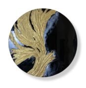 Round textured epoxy wall art with flowing gold design on a black and navy background.