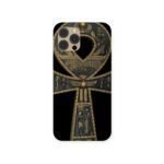 Key of Life Case featuring an ornate golden Ankh symbol engraved with ancient Egyptian deities and hieroglyphs on a black background