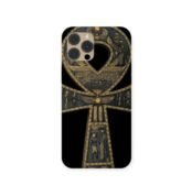 Key of Life Case featuring an ornate golden Ankh symbol engraved with ancient Egyptian deities and hieroglyphs on a black background