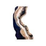 Abstract agate-style painting with teal blue, black, white, and gold textures.