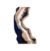 Abstract agate-style painting with teal blue, black, white, and gold textures.