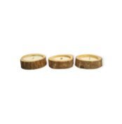 Three rustic wooden slice candles with natural bark edges and centered wood wicks, arranged in a row.