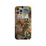 Egypt’s Treasures Case featuring a vibrant collage of pharaonic symbols, Nefertiti bust, Eye of Horus, postage stamps, and cultural motifs