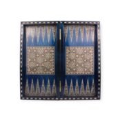 Front view of Sultans Table showing the closed backgammon board with detailed geometric inlay.