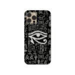 Pharaoh’s Eye Case featuring the Eye of Horus in white against a black background with ancient Egyptian hieroglyphics