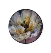 Decorative porcelain plate with detailed white flower painting and soft vintage background.