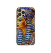 Phone case featuring a mosaic-style side profile of Queen Cleopatra in vibrant blue, gold, and red tile patterns