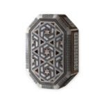 Octagonal wooden box with intricate geometric mother-of-pearl inlay design.