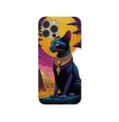 Pharaonic Bastet Case featuring a stylized blue cat with golden jewelry, pyramids, and a vivid sunset backdrop