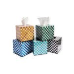 Colorful checkered wooden tissue boxes in orange, green, blue, aqua, and black.