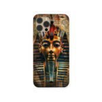Phone case featuring a golden mask of Pharaoh Tutankhamun with blue and red accents and ancient Egyptian carvings in the background