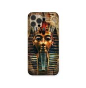 Phone case featuring a golden mask of Pharaoh Tutankhamun with blue and red accents and ancient Egyptian carvings in the background