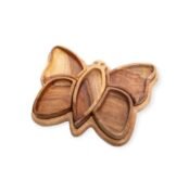 Butterfly-shaped wooden tray with multiple carved compartments in natural wood grain