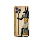 Anubis Guardian phone case with hieroglyphic background