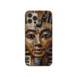 Close-up of a golden pharaoh’s face on a phone case with engraved hieroglyphics and detailed blue and bronze accents