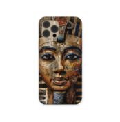 Close-up of a golden pharaoh’s face on a phone case with engraved hieroglyphics and detailed blue and bronze accents