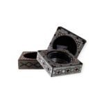 Wooden Ashtray with geometric design, showcasing intricate inlays and a glass center.