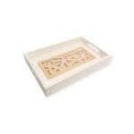 White wooden tray with heritage-style Arabic calligraphy cutout in natural wood tone