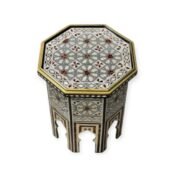 Top-down view of a Wooden Side Table with geometric inlays and brass border, perfect for decor.