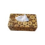 Rectangular tissue box covered in polished wood slices with a central opening and natural rustic texture