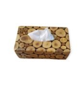 Rectangular tissue box covered in polished wood slices with a central opening and natural rustic texture