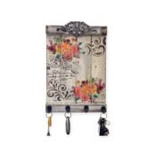 Rustic wooden key holder with floral design and vintage hooks.