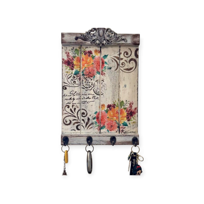 flower wood key holder with metal hooks