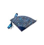 Curved navy blue clutch bag with metallic hieroglyphic patterns and tassel accents on white background