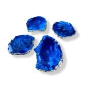 Set of handmade blue agate-style resin coasters with metallic silver edges.