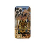 Collage-style phone case with Tutankhamun mask, ancient Egyptian goddesses, pyramids, and hieroglyphic illustrations