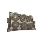 Traditional coffee set with six cups and saucers on a hammered tray, angled view