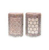 Two arched wooden boxes featuring intricate geometric patterns inlaid with colorful designs.