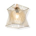 Gilded Star pendant lamp with angular gold metal cage and glowing glass globe inside