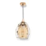 Gilded Orbit gold pendant lamp with cage design and decorative discs, light turned off