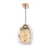 Gilded Orbit gold pendant lamp with cage design and decorative discs, light turned off