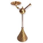 Golden Orbit hookah with a spherical centerpiece, stainless steel stem, and floral-engraved flared brass base
