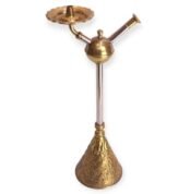 Golden Orbit hookah with a spherical centerpiece, stainless steel stem, and floral-engraved flared brass base