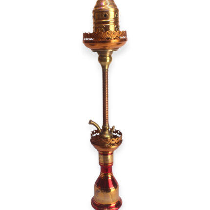 Amber Majesty – 97 cm tall brass hookah with slender body, amber tones, ornate tray, and charcoal holder