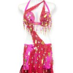 Belly dance costume with asymmetric bra and tassel accents