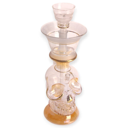 Crystal Skull Hookah – a glass hookah shaped like a skull, with golden accents.