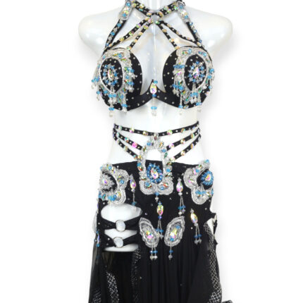 Starlight Majesty black belly dance costume with rhinestones