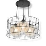 Wire Pendant lamp with three glass globes inside a round black metal wire frame, suspended from a black ceiling mount